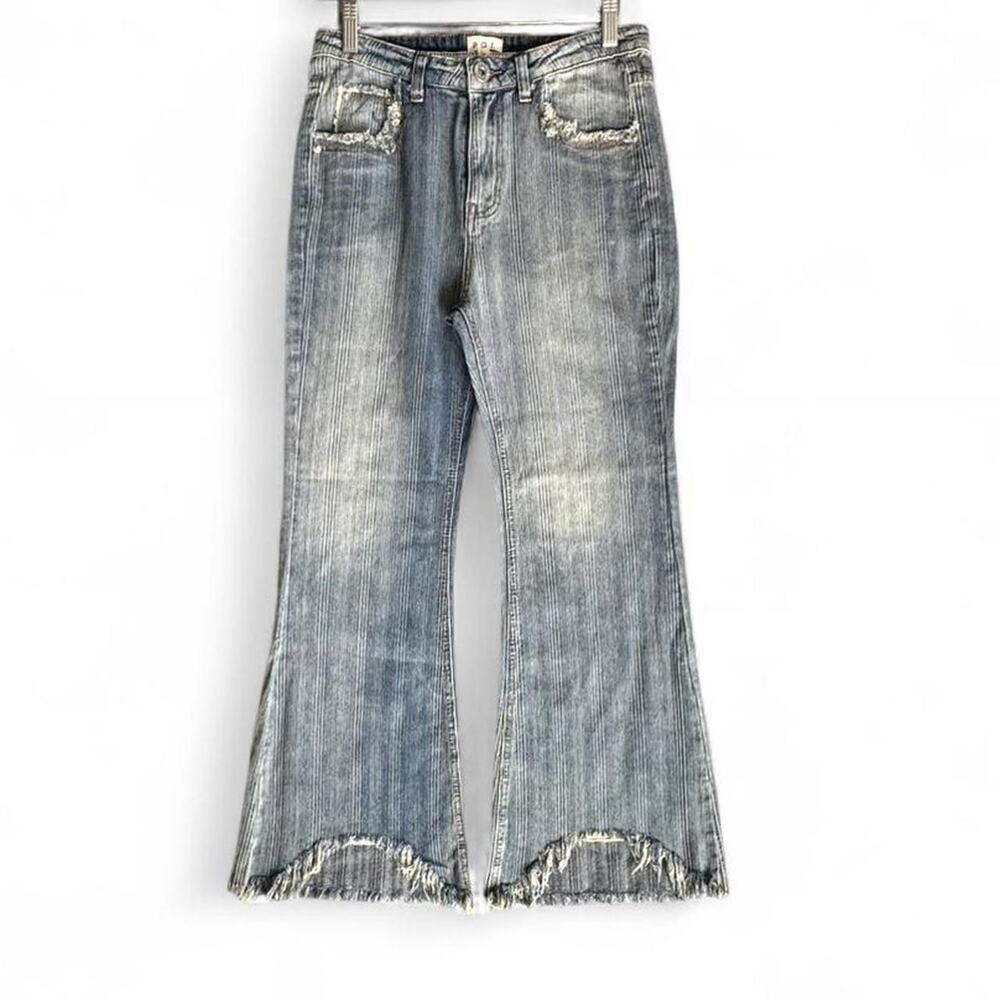Y2K Low Rise Flare Blue Jeans – grunge distressed raw hem S